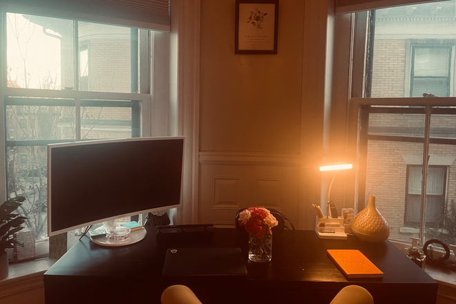 Desk area - Seeking 4th roommate for spacious room w/ 3 windows in quiet, safe Brookline, walk/bus to city.
