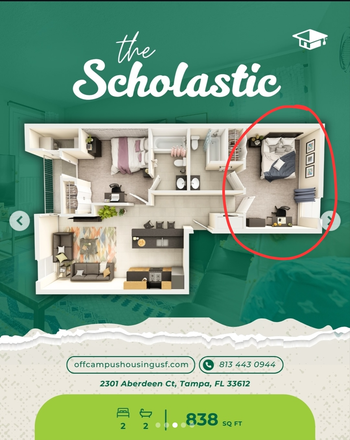 Floorplan of the full "Scholastic" apartment with bedroom B circled in red. There's contact information as well. - Collegetown at USF Apartments