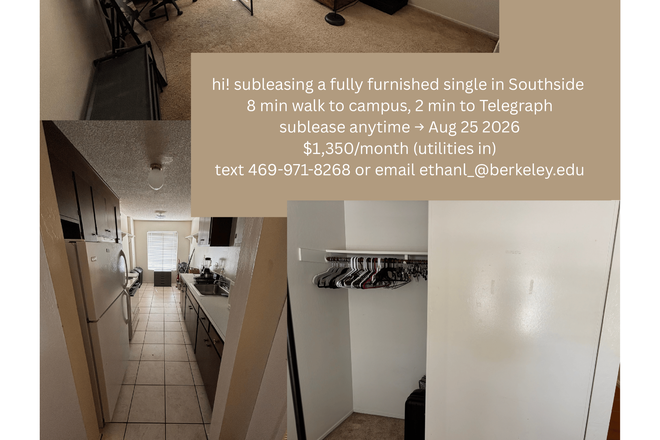 photo of everything - fully furnished single Southside, 8 min walk to campus $1250-1350