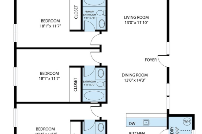 Floor Plan - 3 Bedroom, 3 Bathroom Apartment close to campus and on VT bus line.
