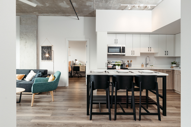 Kitchen & Living Room - 5x5 Girls Apartment at the Rive Eugene, less than 10 minutes away from campus