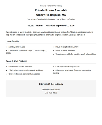 Brighton Private Room Listing Flyer - Private Room Available Apartments