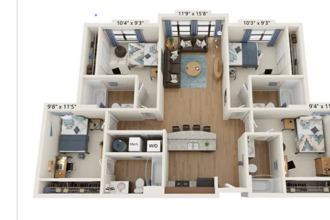 Furnished room with attached washroom, closet, bed with mattress, study table, and chair. Clean, spacious, and ready to move in. - The Varisty