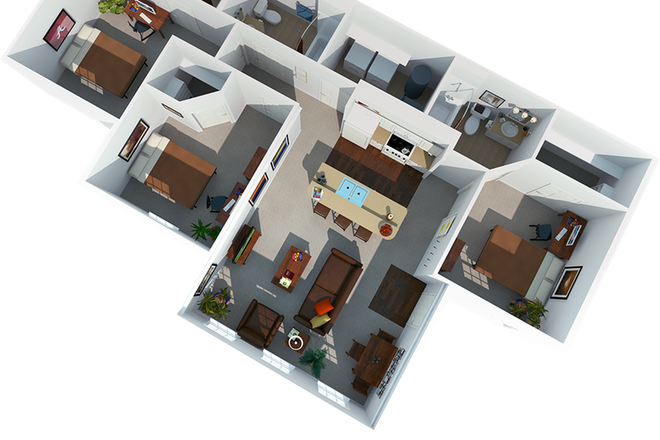 Floor plan of unit. - East Edge Relet for one room in 3 BR, 3 bath unit; walkable distance to campus; next to Law School