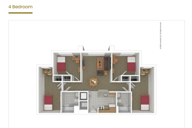 Floor plan of apartment unit. Available bedroom is bedroom "A" (long vertical room on the far-left side of the floor plan pictured). - UMD South Campus Commons Building 1 - Spring Sublet