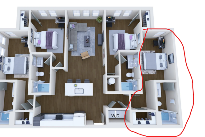 Private furnished bedroom on the right side of the unit with bed, desk, closet, nearby bathroom, and easy access to shared spaces - Jolly Roger
