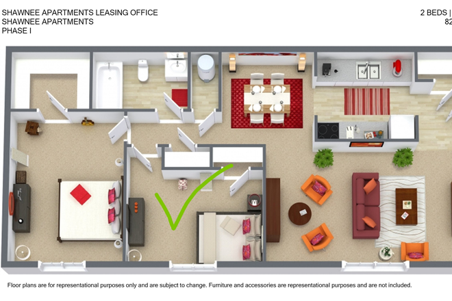 Bedroom Plan - Shawnee Summer Lease 1 year, 2Bed 1bath (1 bedroom available)