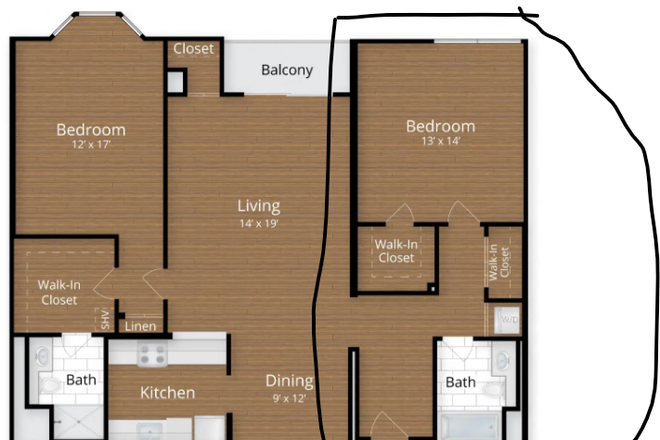 Your bed+bath circled in red. The other bedroom is occupied by someone else. Common access to kitchen, dining and living areas. - Lenox Park Apartments