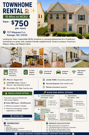 Flyer - TOWNHOME RENTAL – 10 Mins to NCSU - 2 Bedroom with Shared Bathroom - $750 per room