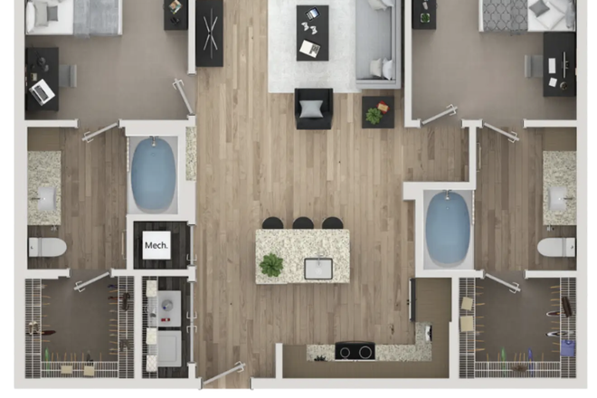 Private beds/bathrooms/closets with a shared kitchen and living room - Elara