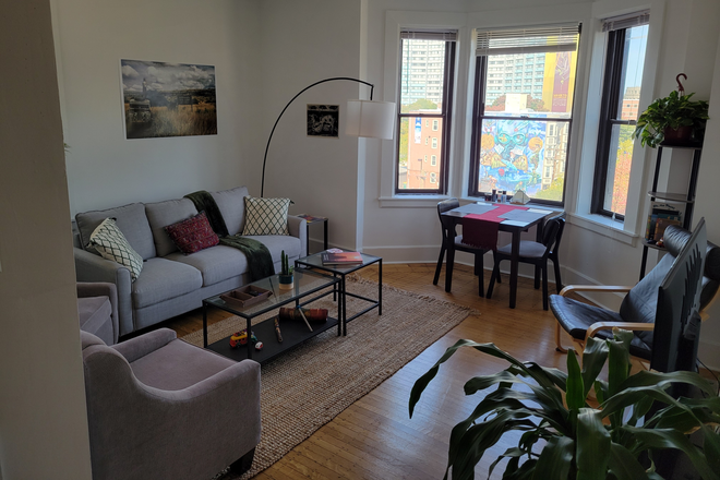 Living room + dining table by bay window - Hamilton Court Apartments