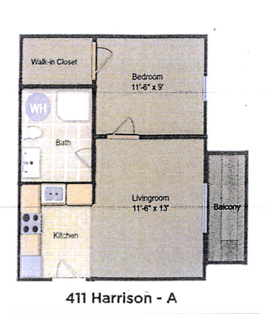 Floor Plan 2 - 1 Bed 1 Bath Apartment Close to Campus (411 Harrison St.)