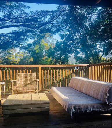 Private Deck under cedars + oak trees. - Beautiful Wooded Apartment 10 mins to UC