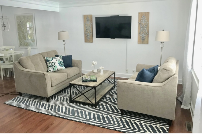 Living room as you walk in front door - Coastal furnished townhome in Avondale section/ West Ashley