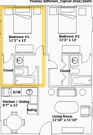 Floor plan, yellow is the available room - Stonewood Property Management, LLC (Thomas Jefferson Apartments)
