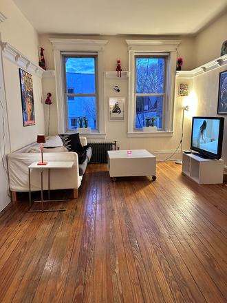 Living Room with great light during the day! Black out shades at night. - Huge Sunny 1 BR Apartment for Rent, Less Than 2 Blocks from Subway, Near all Amenities