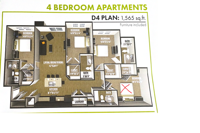 D4 - 4 Bedroom Apartment Plan - The Edge Apartments & Townhomes - Steps from Virginia Tech Campus! - Fall 2025 -2026