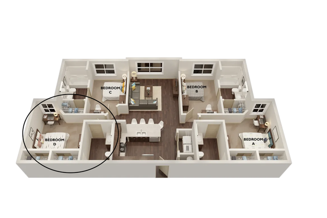 D1 Four Bedroom Layout, Bedroom D - The Hayward Student Living
