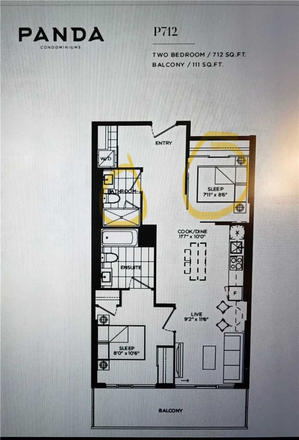 Floorplan of unit. Highlighted sections would be all yours - $1525/mo. Den for Rent near Yonge-Dundas, Female Only