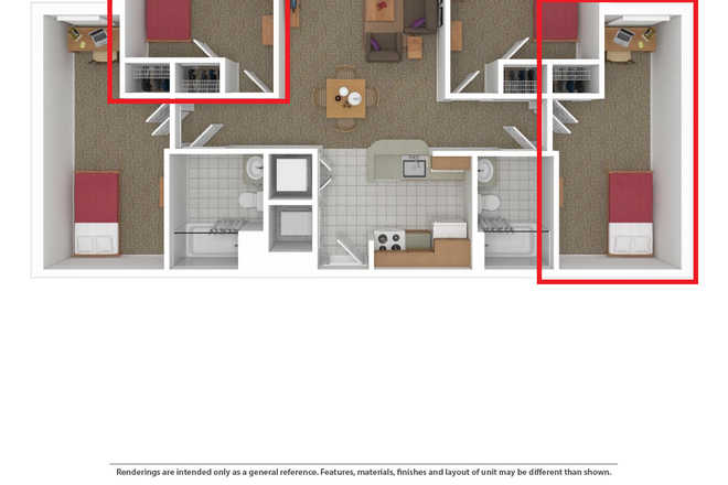 A floor plan of the unit, with red squares outlining the rooms available for rent. - South Campus Commons #4 Apartments