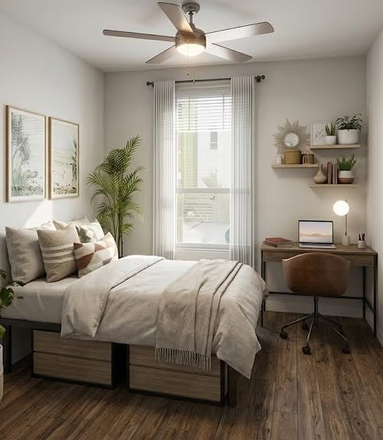Your fully furnished private bedroom! Features built-in under-bed storage, a workstation, and great natural light. - Vibe Orlando Apartments