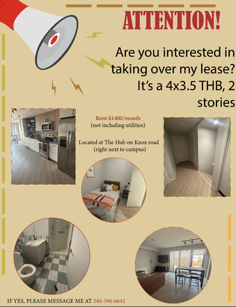 Kitchen, bathroom, bedroom, and living room - The Hub College Park – 2026–2027 Lease Takeover Apartments