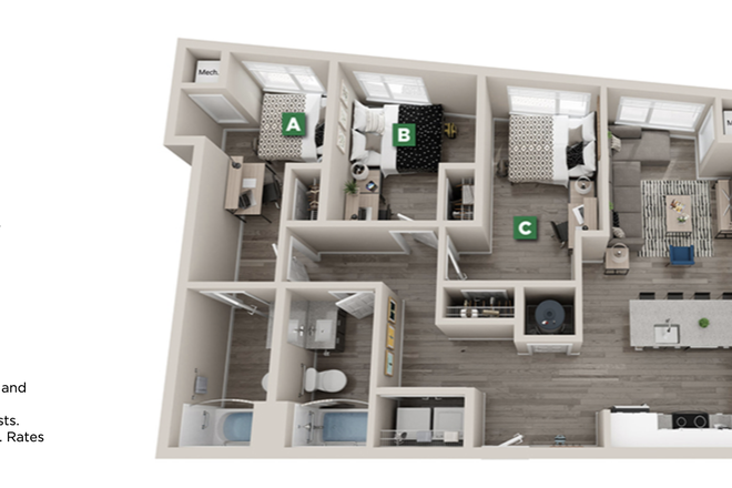 Screenshot of the whole unit. Bedroom D is the room up for subleasing - 4x3 Apartment at The Standard, Eugene