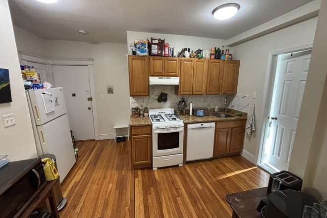 Kitchen with apartment entrance and bathroom, bedroom 1 door is right of entrance. - 2 Bed Apartment with Living Room in Fenway for the Summer (price includes all utilities!)