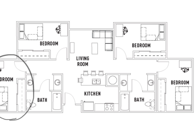 This is the full layout of the entire apartment. The single room available and shared bathroom are on the far left. - Plaza Verde: Female Only 15513 4 Bed/2 Bath Layout Apartments