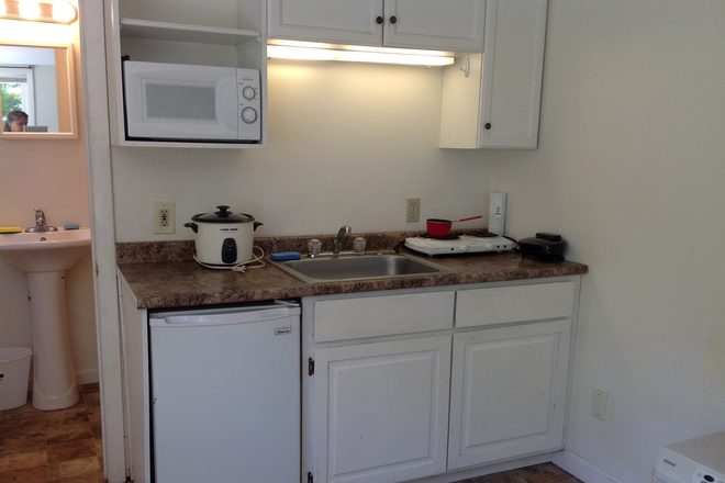 Kitchen: fridge, microwave, hotplate, full sink and cupboards - One Person Efficiency Apartment, utilities included, 3 miles from campus, prvt entry, off street pkg