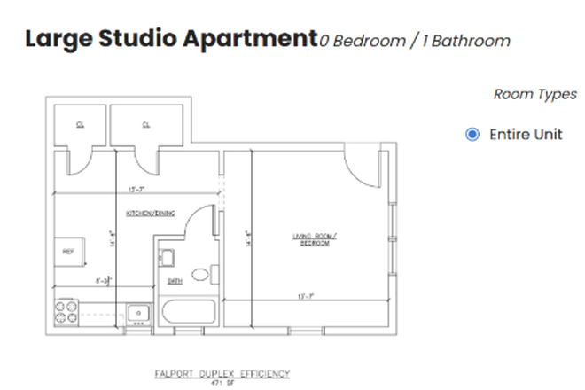 Layout measurements - Large Studio Apartment for Sublease - 2026-2027 School Year