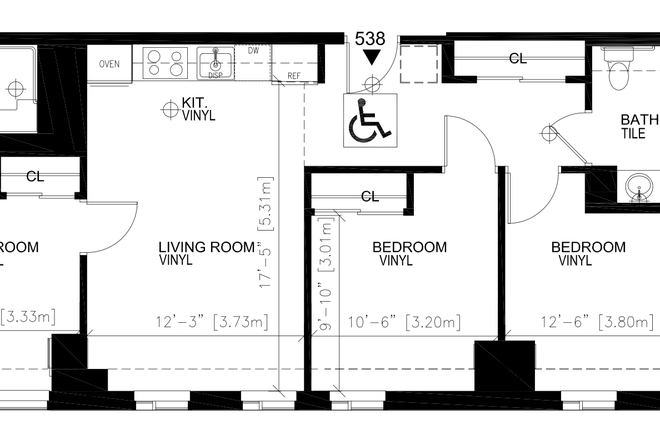 layout -- bedroom is the middle one - One Western Ave - one room in 3b/2b Apartments