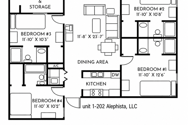 Condo floorplan. The room for rent is #1 - Freshly remodeled Private Room with Bathroom and Walk-in closet $540.00 per month