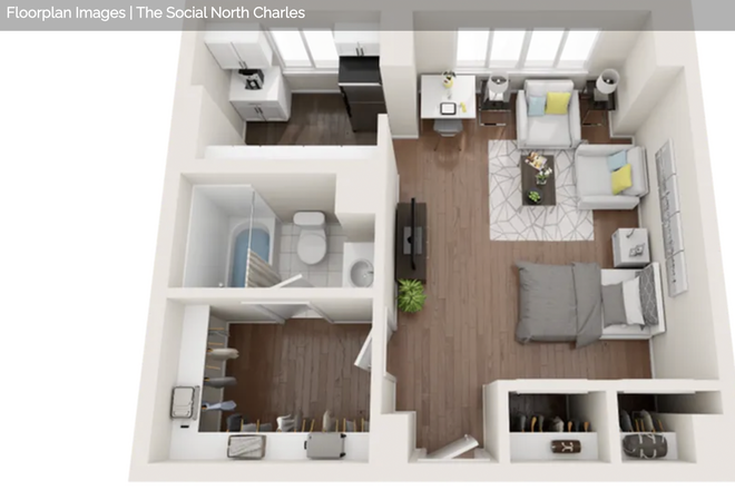 Floorplan - 1 Bed, 1 Bath Studio Apartment at The Social, North Charles