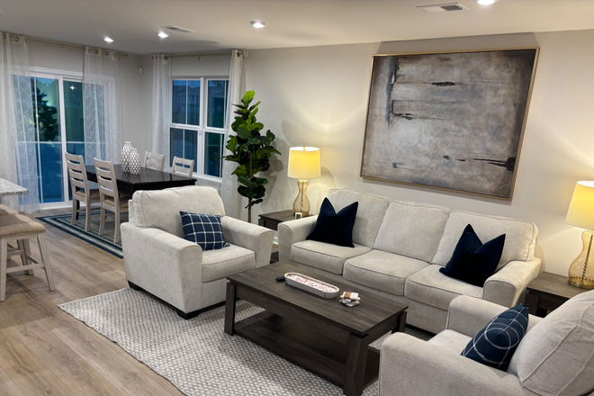 Living Room - Brand New - Bedroom for Rent! 4 Minutes from Campus! All utilities included! Pool! Available Now!