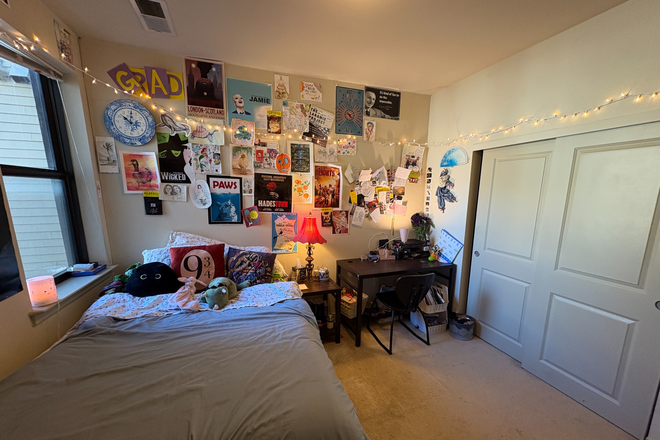 Bed room! Furniture included: bed, bedside table, desk. Decorations will be removed. - Varsity Apartment