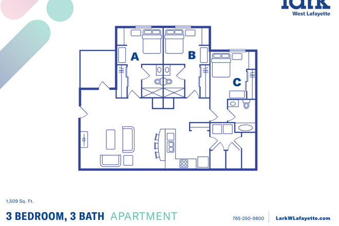 Room listed A in this image - 3B/3B Lark Apartment Sublet for Spring 2026!
