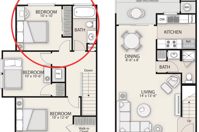 Apartment Layout- Circled Bathroom - UTC Cornell Court Apartment