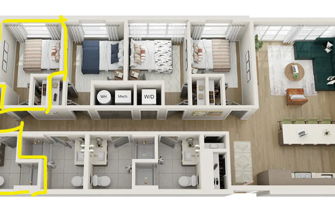 Layout with room and bathroom pointed out. - Sweetwater Apartments