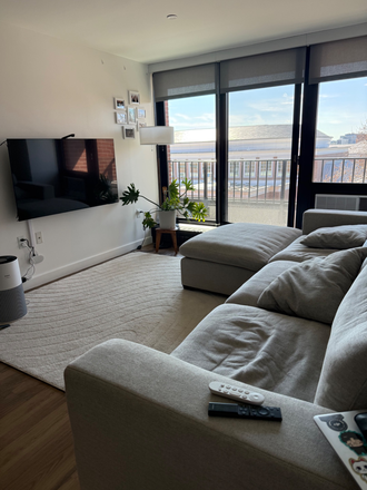 Living room & balcony - 1-Bedroom in Soldiers Field Park 2 Building (Furnished, AC, Dishwasher, In-unit W/D, Gym, Lounge) Apartments