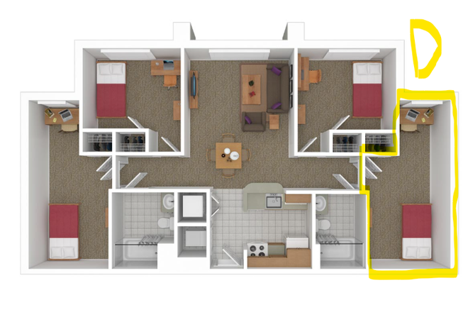 Floorplan. Bedroom D is available. - South Campus Commons Building 6 (one slot available- male) DISCOUNTED PRICE Apartments