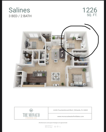 the bedroom circled would be the room you will be moving into - The Monaco at Waterford Lakes Apartments