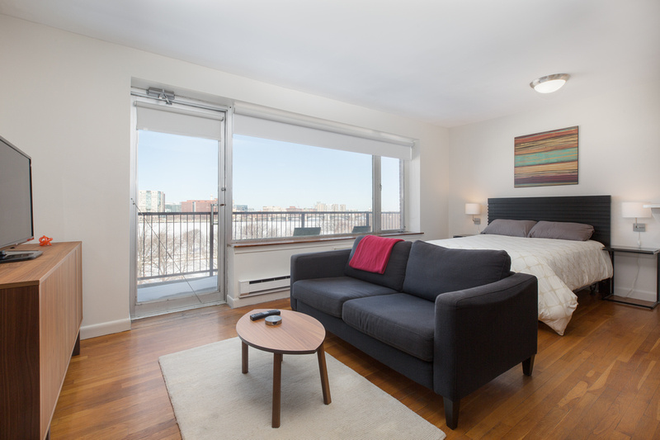 Living Area and View - Furnished Studio w Balcony Sprawling Views Apartments