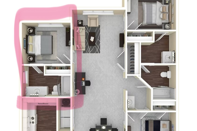 Floorplan of unit and highlighted room being leased. - Village of Meadowview Apartments