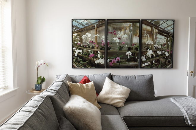 Living room — orchid greenhouse triptych displayed above the sectional sofa. - 61 OTIS — Furnished Historic Residence, East Cambridge near Kendall Square Townhome