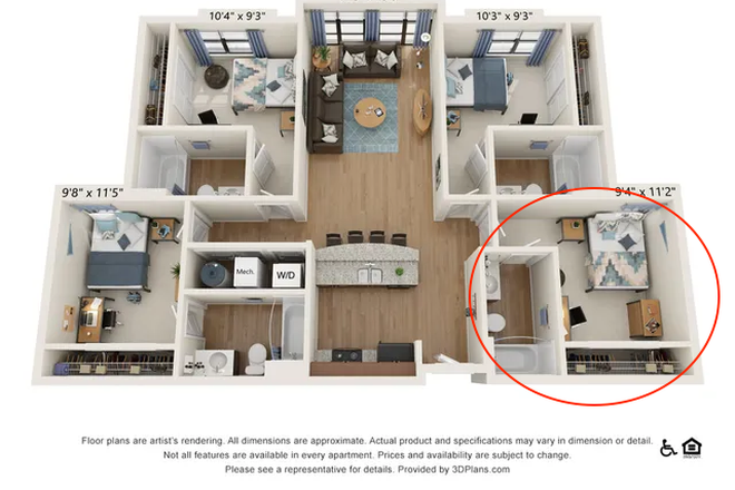 Unit floorplan with sublet bedroom circled - The Varsity Apartments