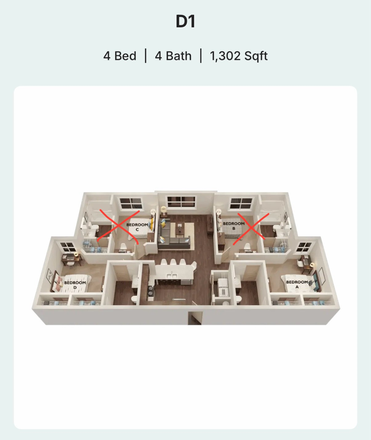 Rooms C and B are taken but rooms A and D are still available. - Private Bed & Bath at 13th & Olive