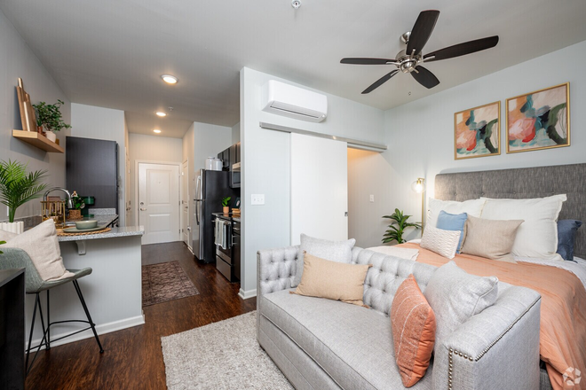 Studio main area and kitchen - The Landing Apartments, Studio near campus