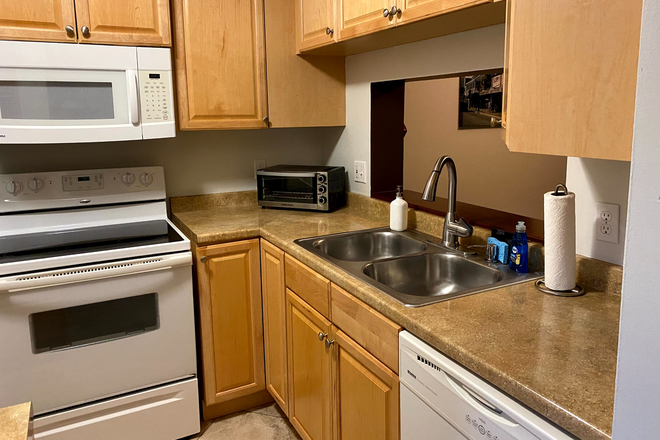 Kitchen with pass through window to the dining area. Crafted wooden window sill-shelf and floating shelf to match above in the dining room.. - Beautiful 1/1.5 Condo for Rent