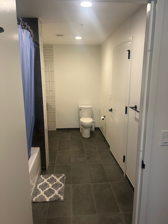 Bathroom taken from walk-in closet - Bisby at Newport (27 F). Next to Hoboken/Newport Stations. 2-3 allowed. Furnishings available.